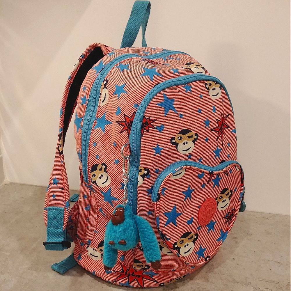 Kipling Backpack Heart Pocket Bright Pink & Blue w Stars, Monkey & Monkey Charm